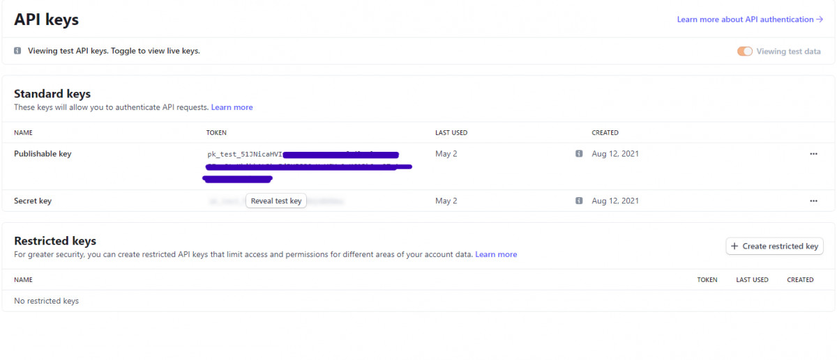 Stripe developer dashboard