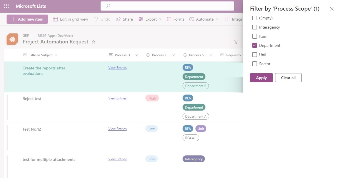 SPO list filter panel